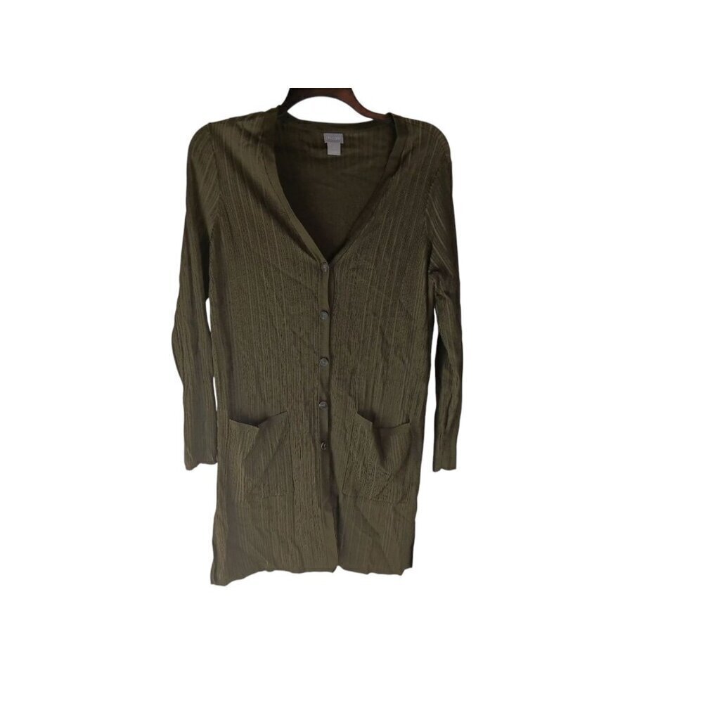Chico's Cardigan Sweater Olive Green Ribbed‎ Long Sleeve Button Up - Size L